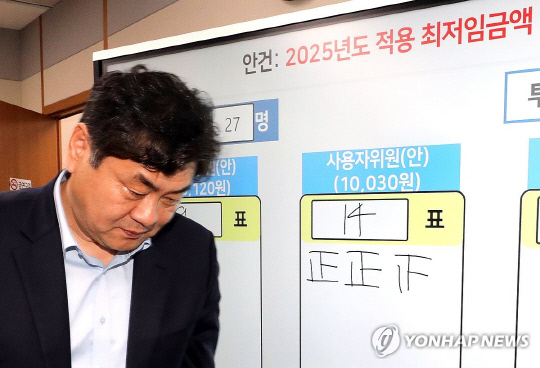 12일 새벽 정부세종청사에서 열린 제11차 최저임금위원회 전원회의가 끝난 뒤 이인재 최저임금위원장이 퇴장하고 있다. 연합뉴스
